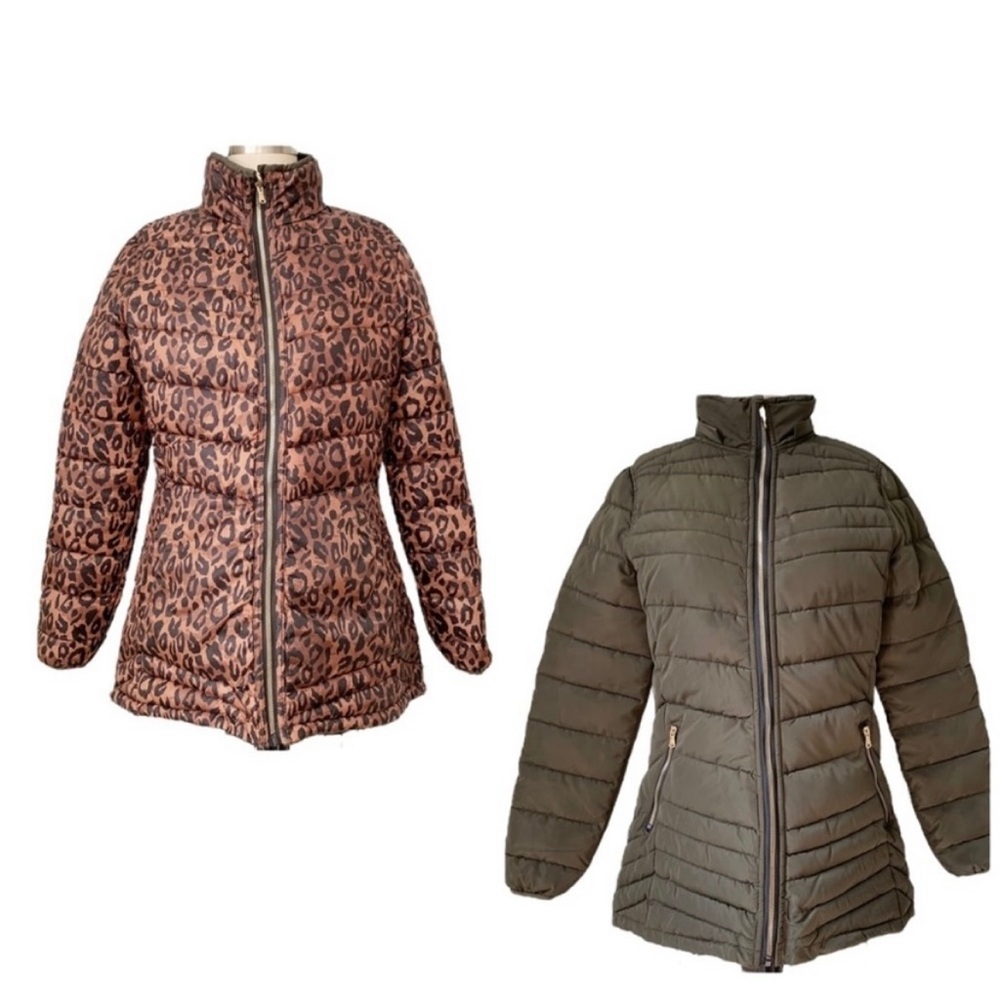 Reversible Puffer Coat / Jacket Dark Green / Brown Leopard M